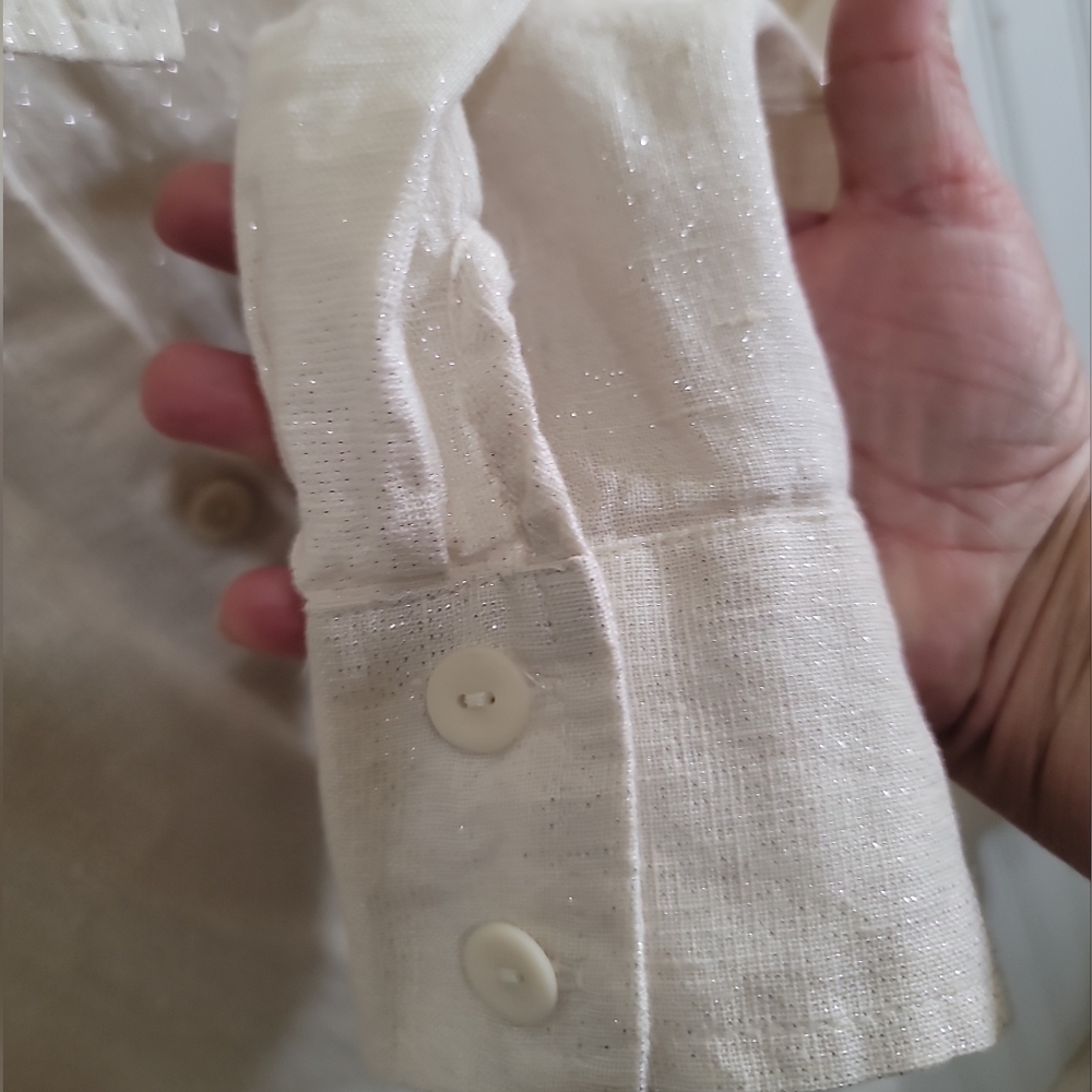 Flax Linen Blend Button-Up Tunic Shirt Silver Metallic Threading Cream Lagenlook - Picture 6 of 6